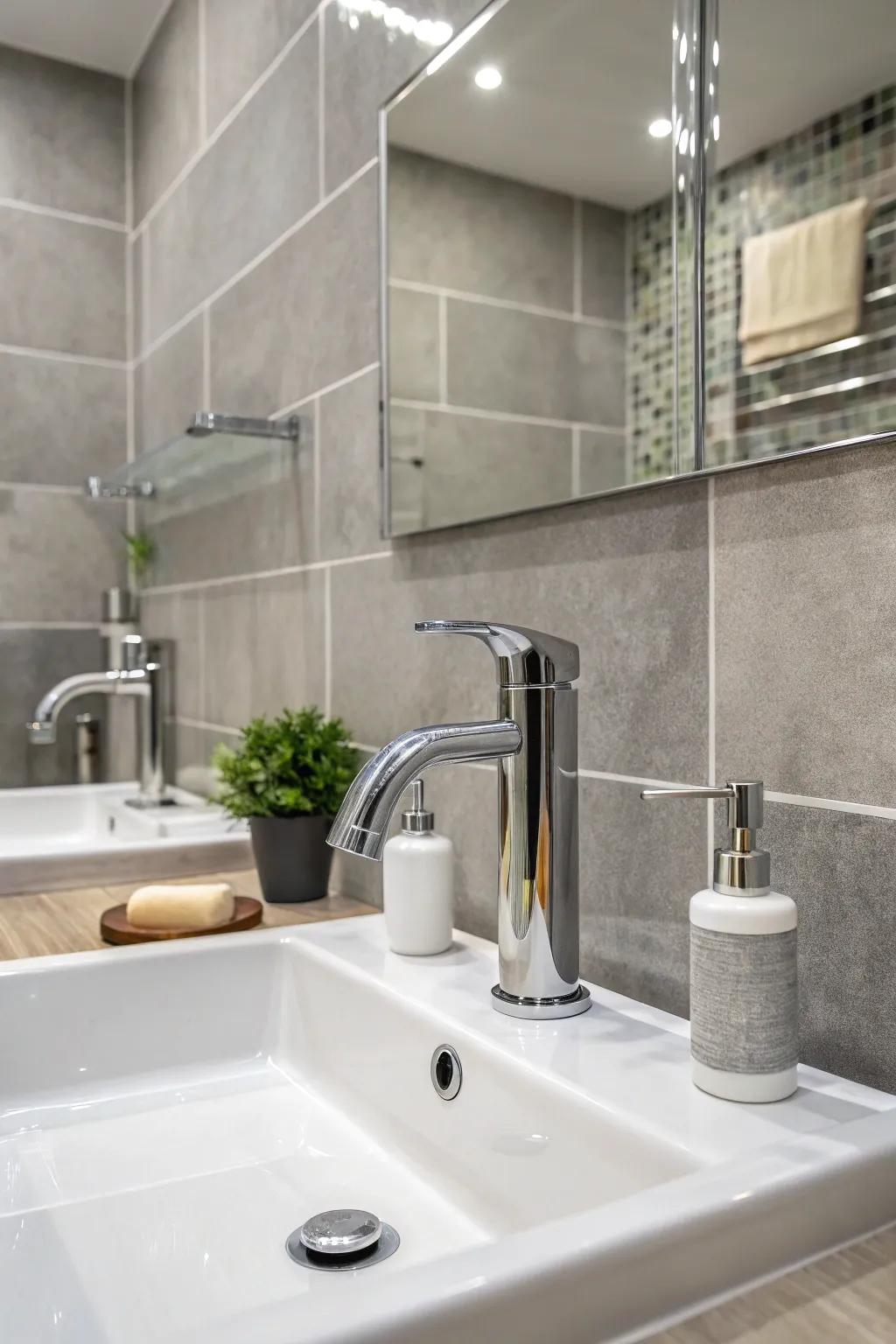 Elegant chrome hardware adds a contemporary touch to the shale bathroom.