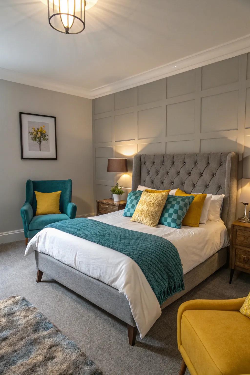 Accent colors breathe energy into a grey bedroom.