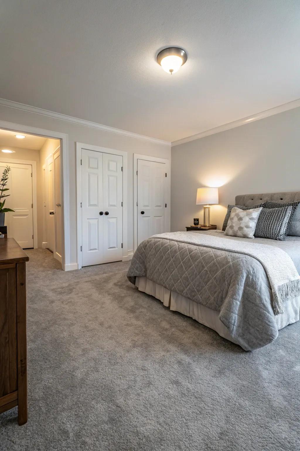Walls painted in neutral tones complement the grey carpet, creating an airy and calm bedroom.