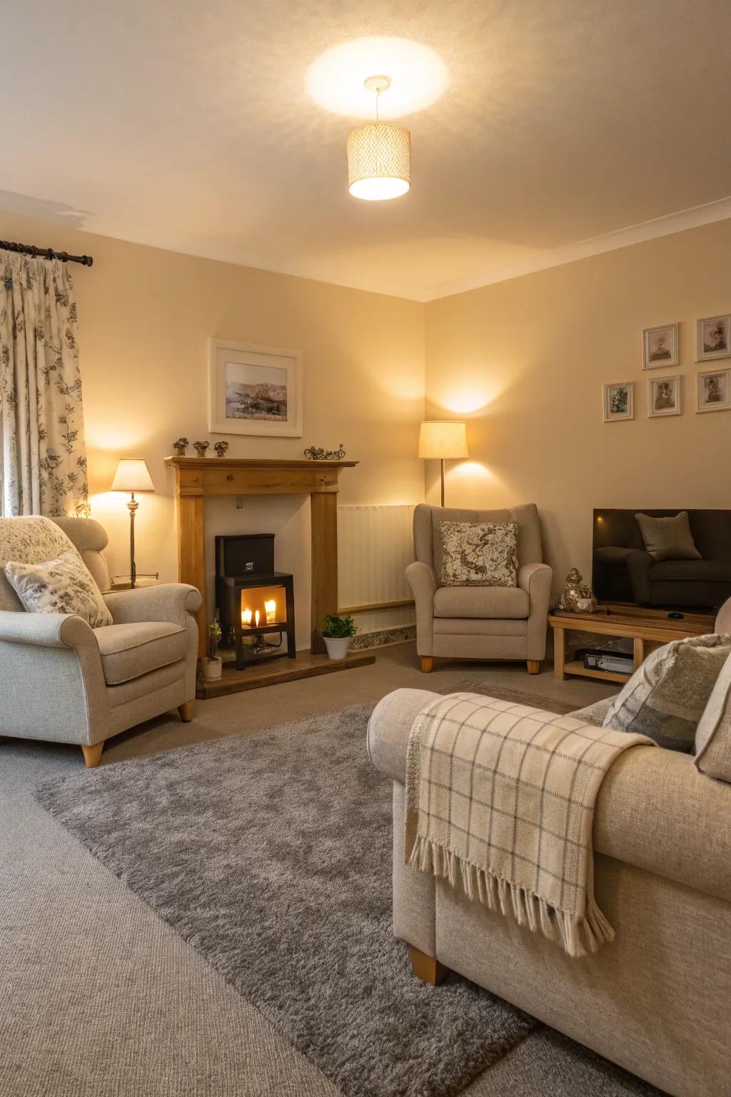 Beige walls infuse warmth into any space with grey carpets.