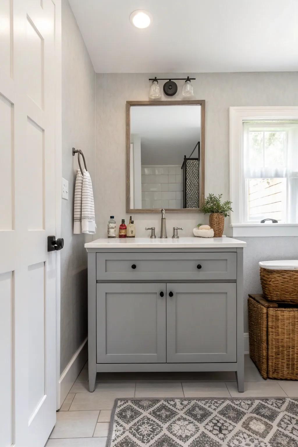 Contemporary simplicity shines with a chic grey vanity taking center stage.