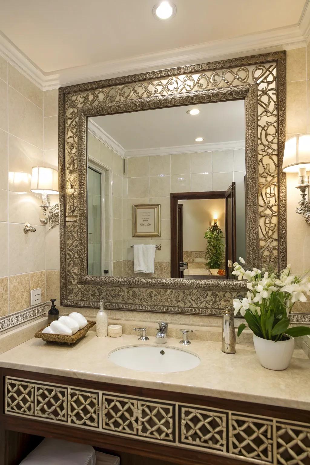 A guest bathroom featuring a large mirror with a unique frame as its main design element.