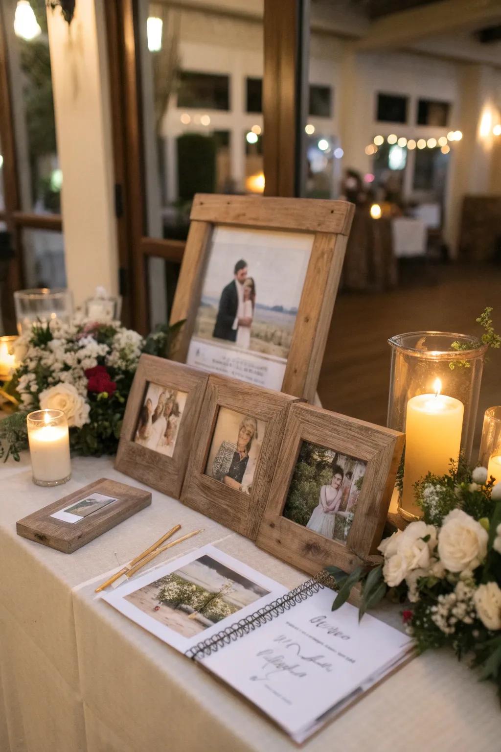 Earthy frames add a personal touch to the guest book display.