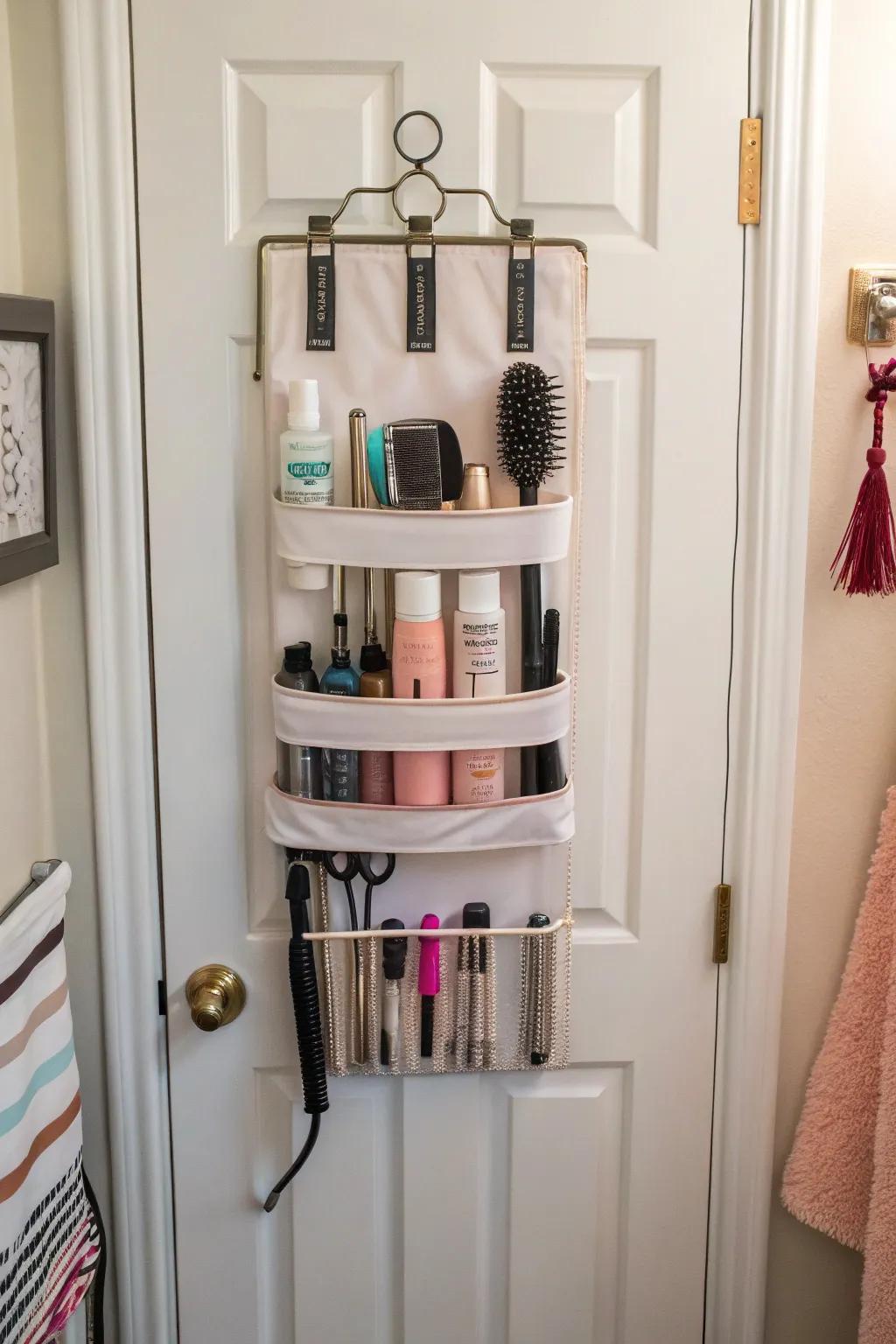 Making the most of space with a convenient over-the-door rack for hair must-haves.