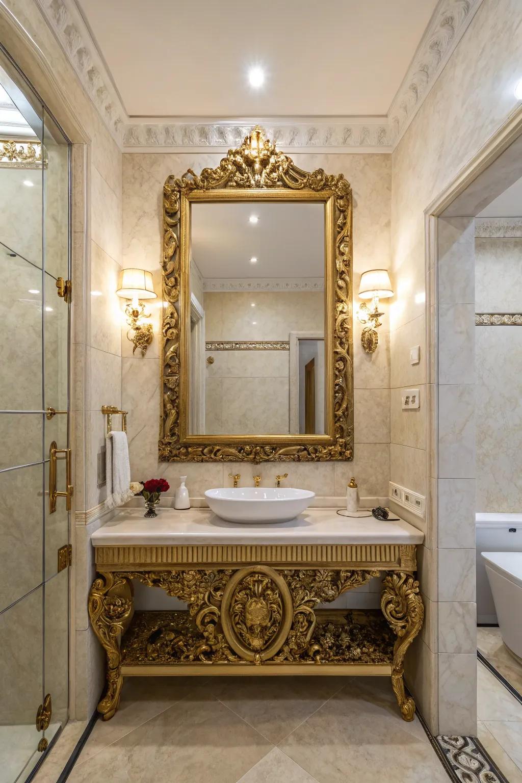 A decorative mirror can effortlessly raise the style quotient of your half bath.