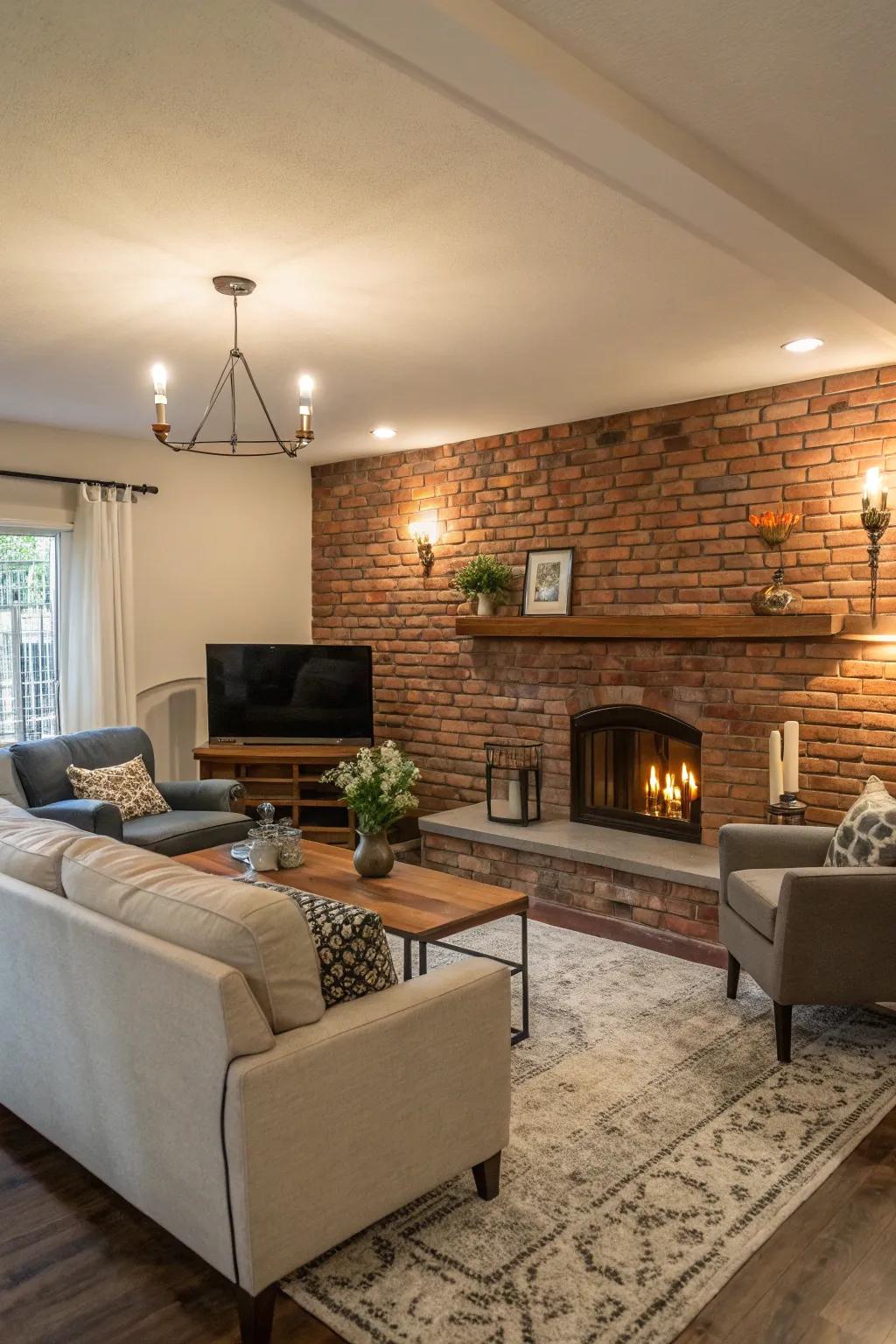 A comfortable living room showcasing a partially exposed brick wall and inviting decor.