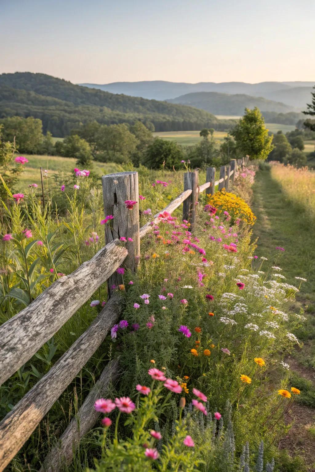 Untamed allure with a split rail fence and wildflowers.