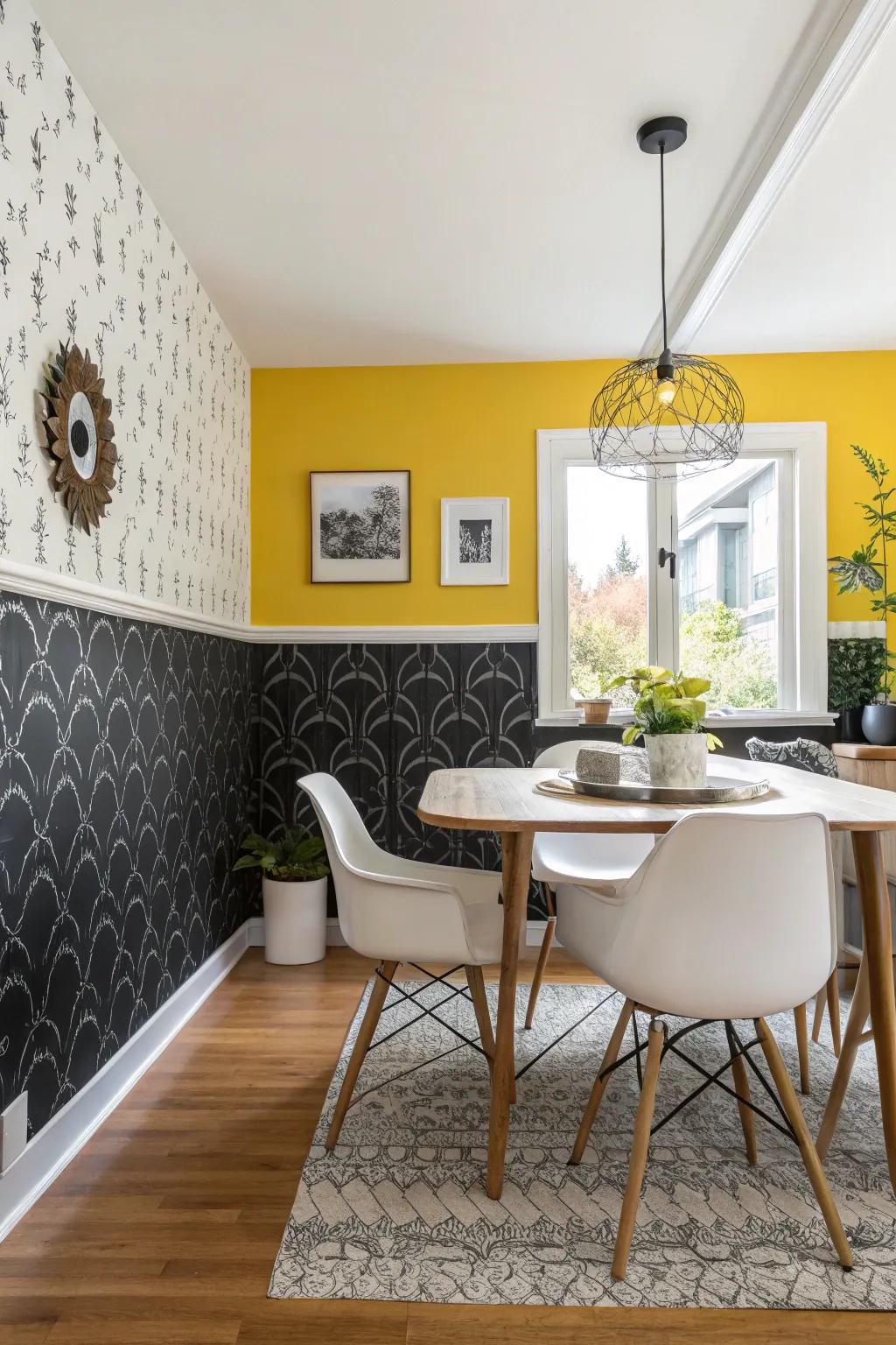 A daring dining area showcasing ebony wallcovering and amber pigment, delivering an energetic and vibrant aesthetic.