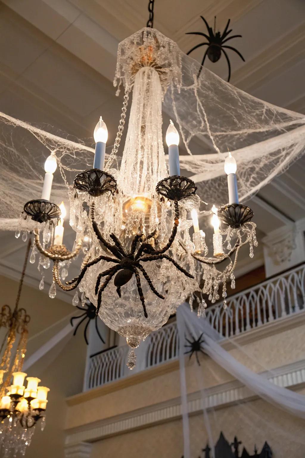 Cobwebs evoke a spooky mood on any chandelier.