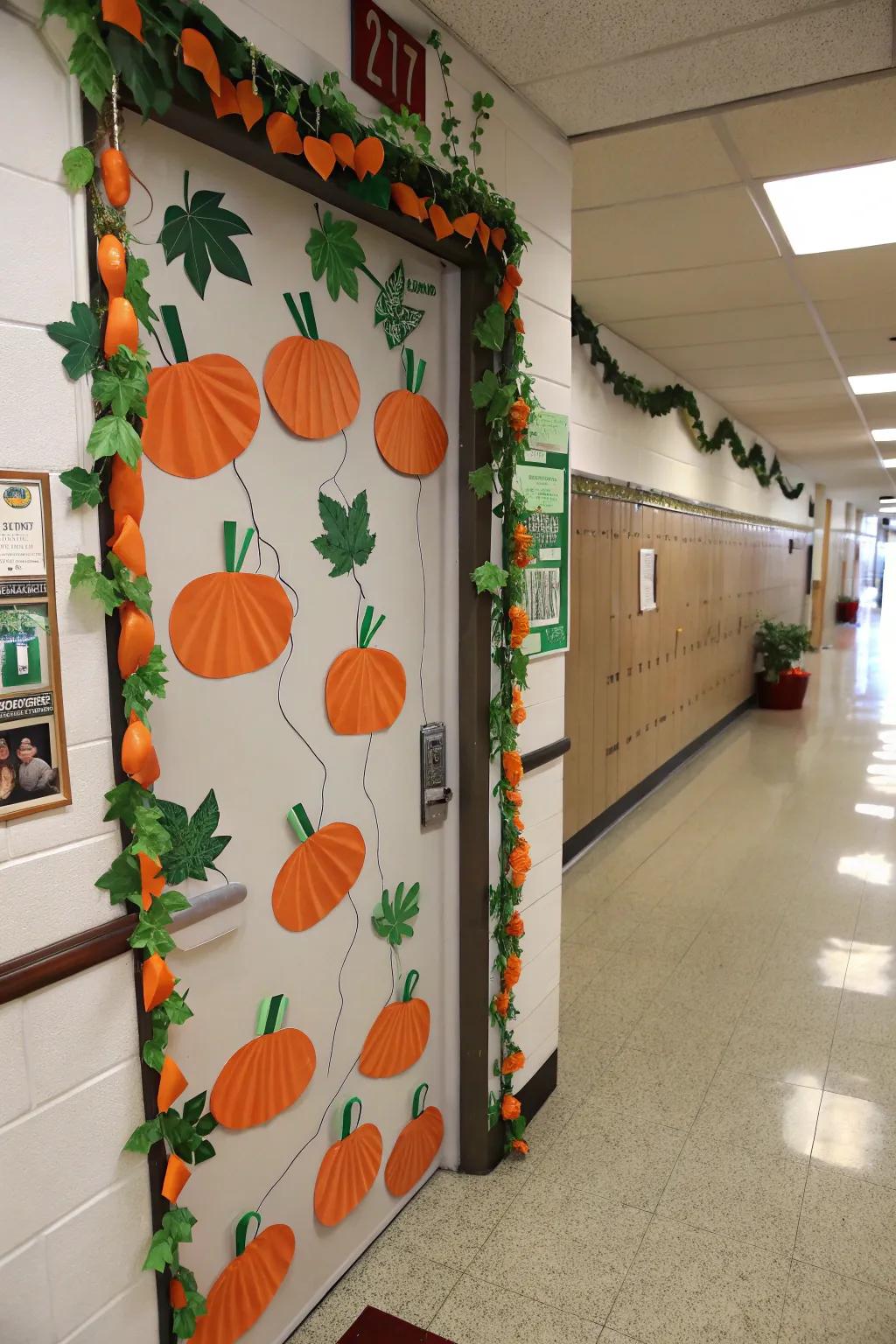 An entrance converted into a captivating autumnal squash display.