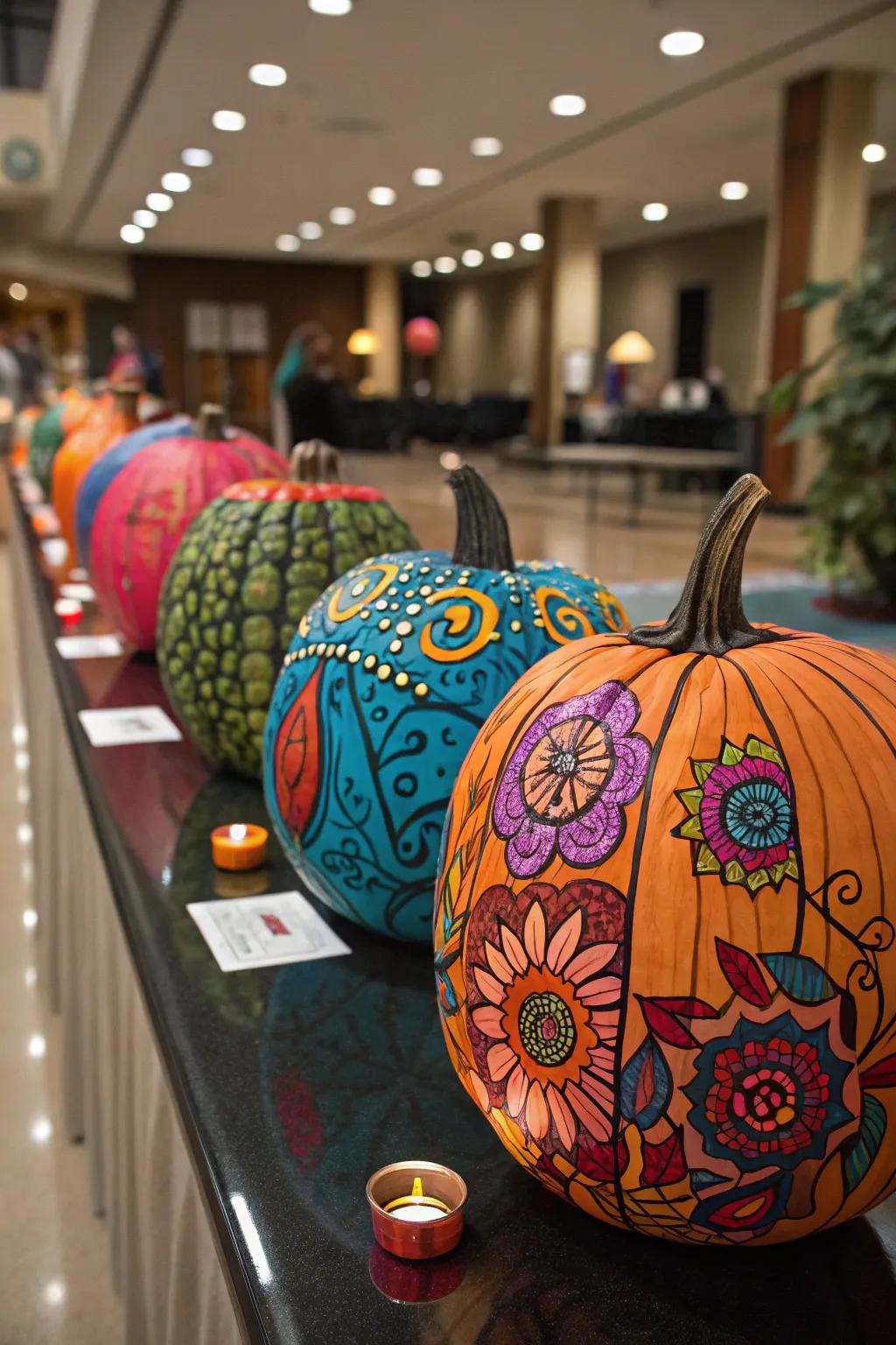 Painted pumpkins introduce a vibrant deviation from conventional carving.