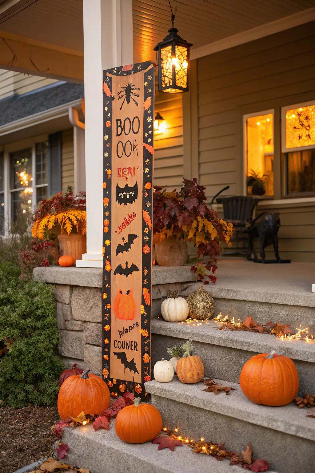 A prominent upright sign greeting visitors to a Halloween-themed entrance.