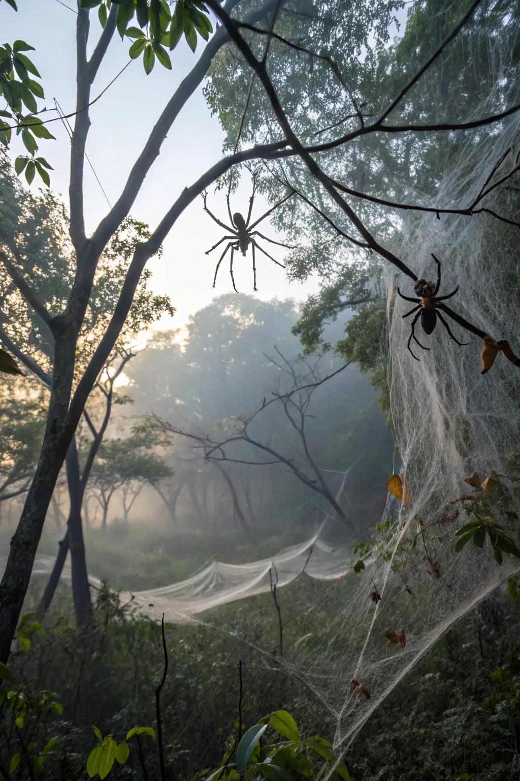 A forest filled with thick spider webs, home to giant spiders.