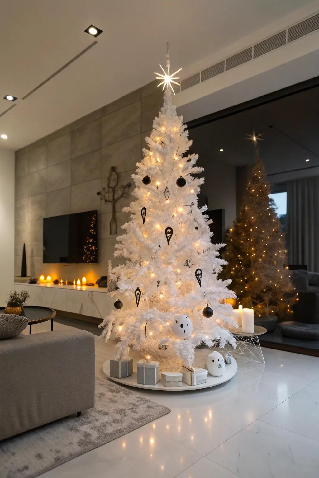 An ethereal white Halloween tree for a fashionable, spectral appearance.