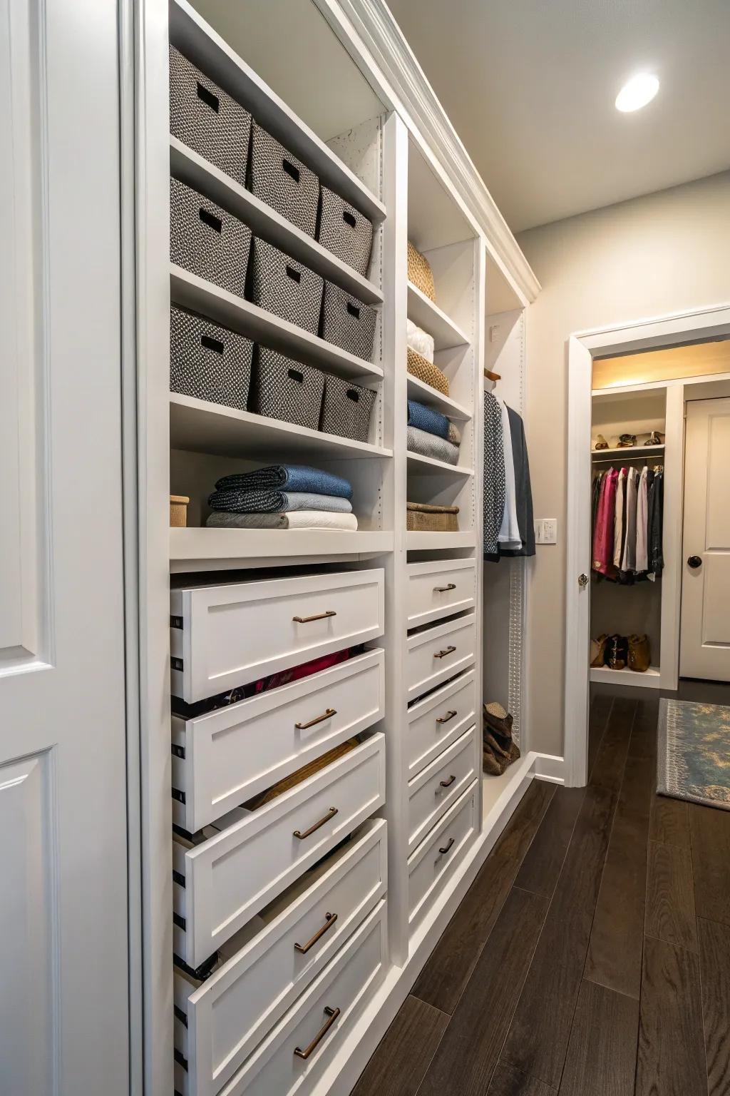 Extendable drawers in a hallway closet for easy access to kept items.