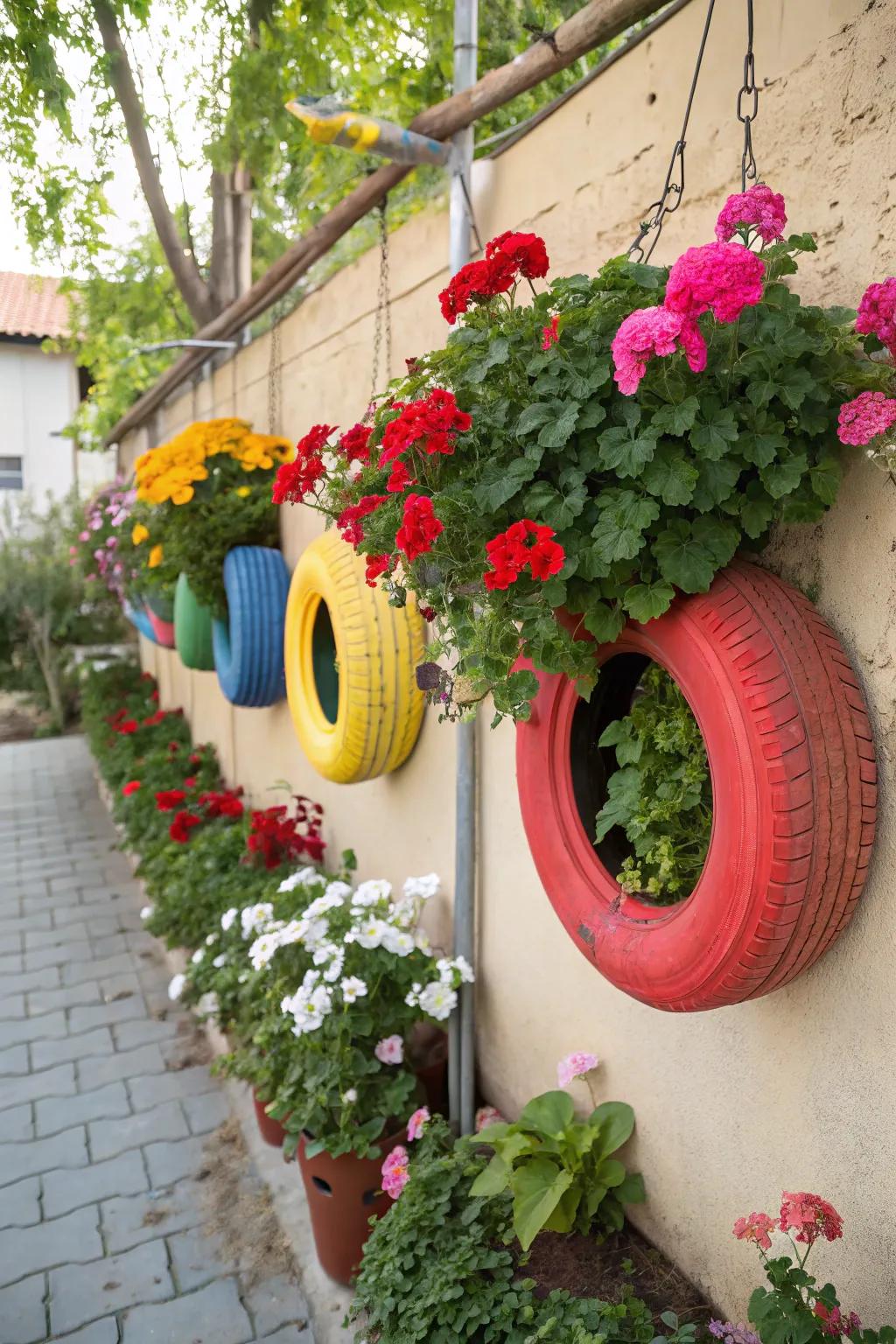 Repurposed tires provide a whimsical home for geraniums.