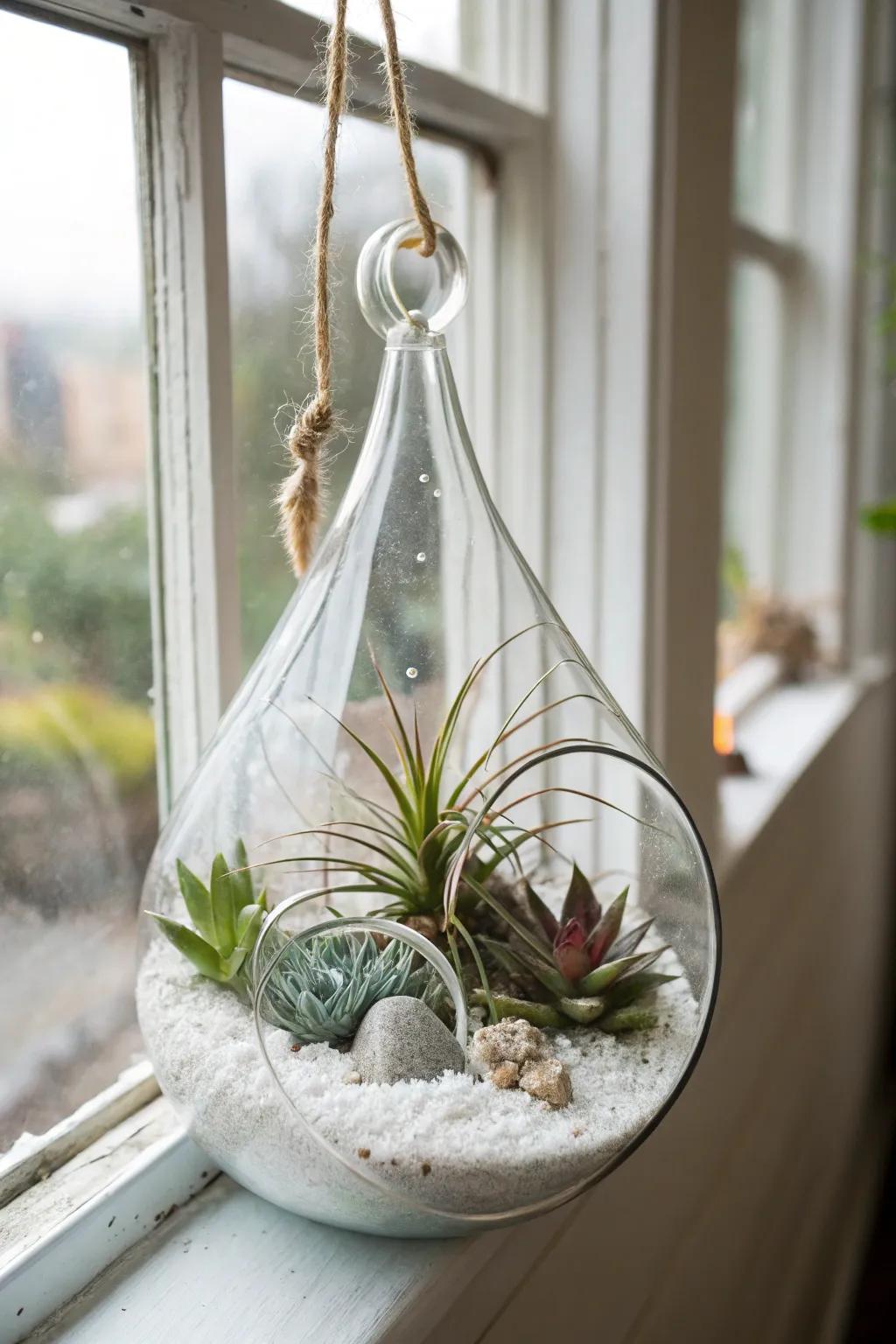 A drop-shaped terrarium featuring air plants, the epitome of sophisticated décor.