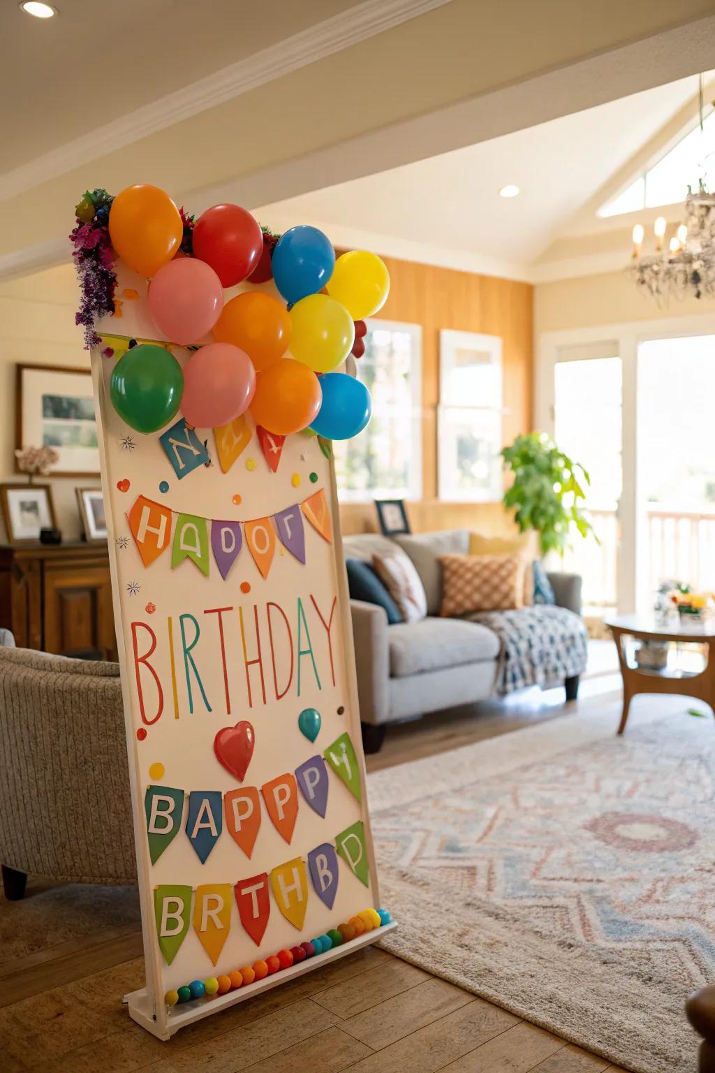 A spirited birthday display ornamented with radiant balloons.
