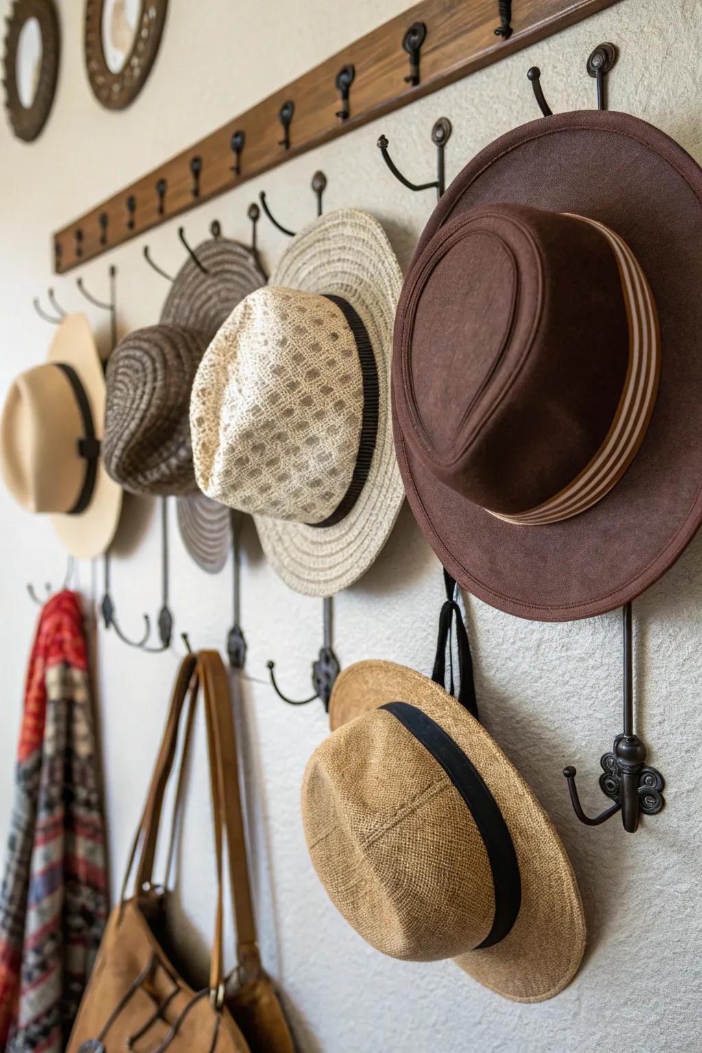 Transform your hats into wall-mounted art with ornamental fasteners and dowels.