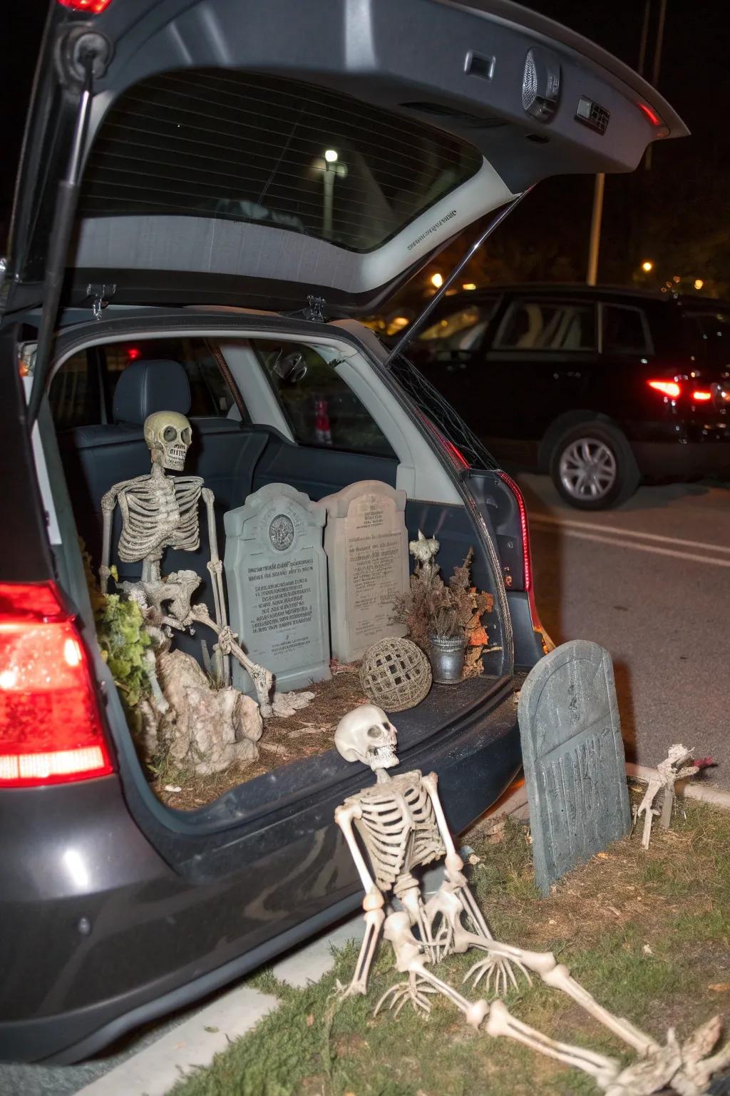 Arrange skeletons in various poses and include tombstones for a chilling graveyard trunk exhibit.