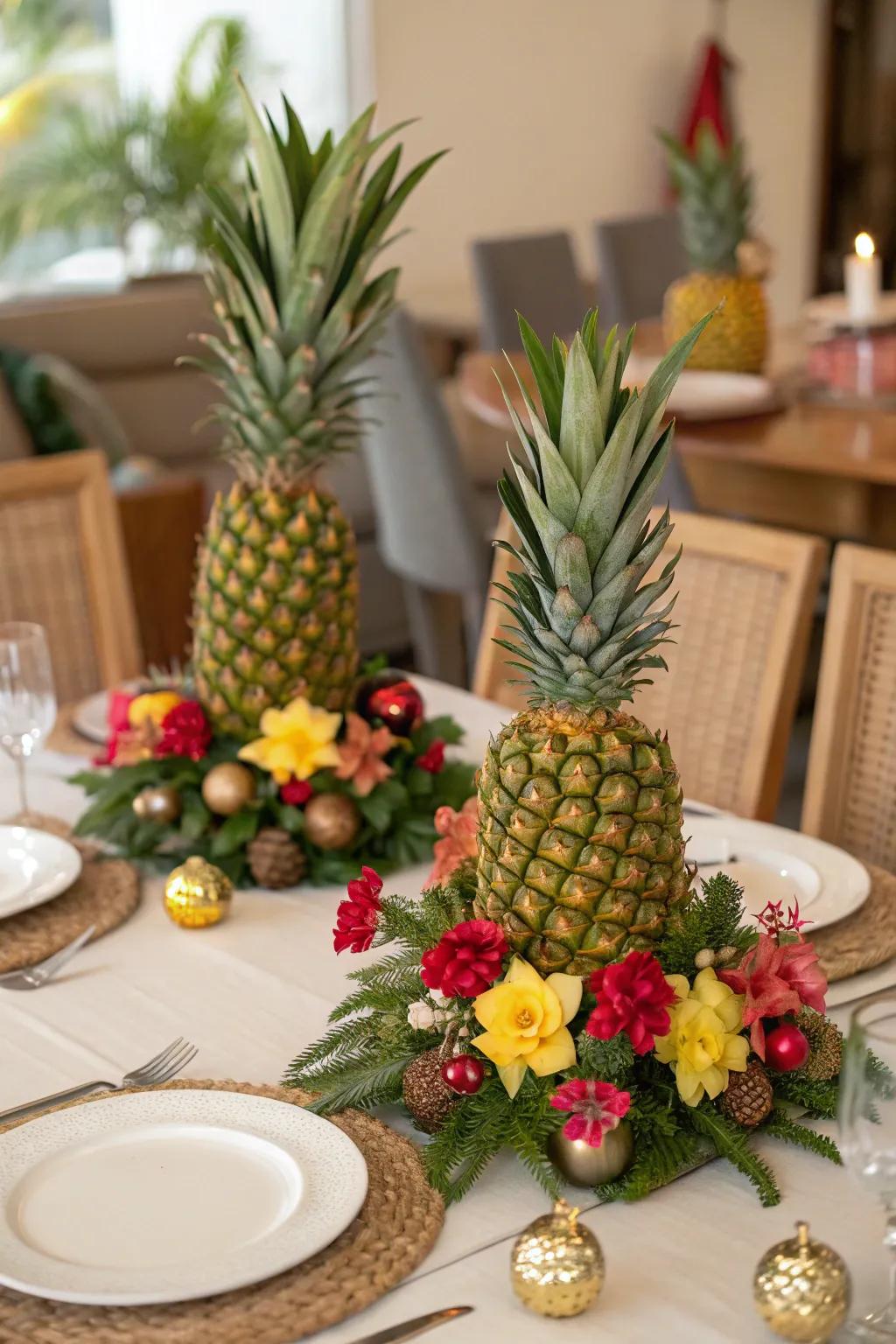 Pineapples and ornaments creating a cheerful blend of holiday spirit and tropical charm.