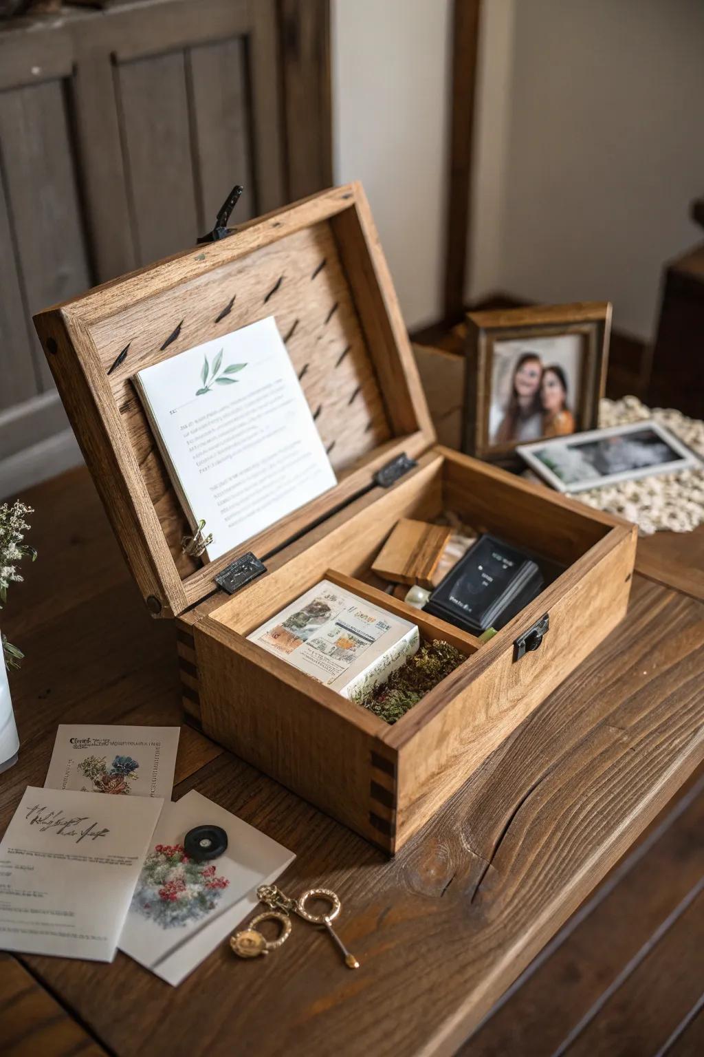 An artisan crafted wooden chest for storing precious wedding memories.