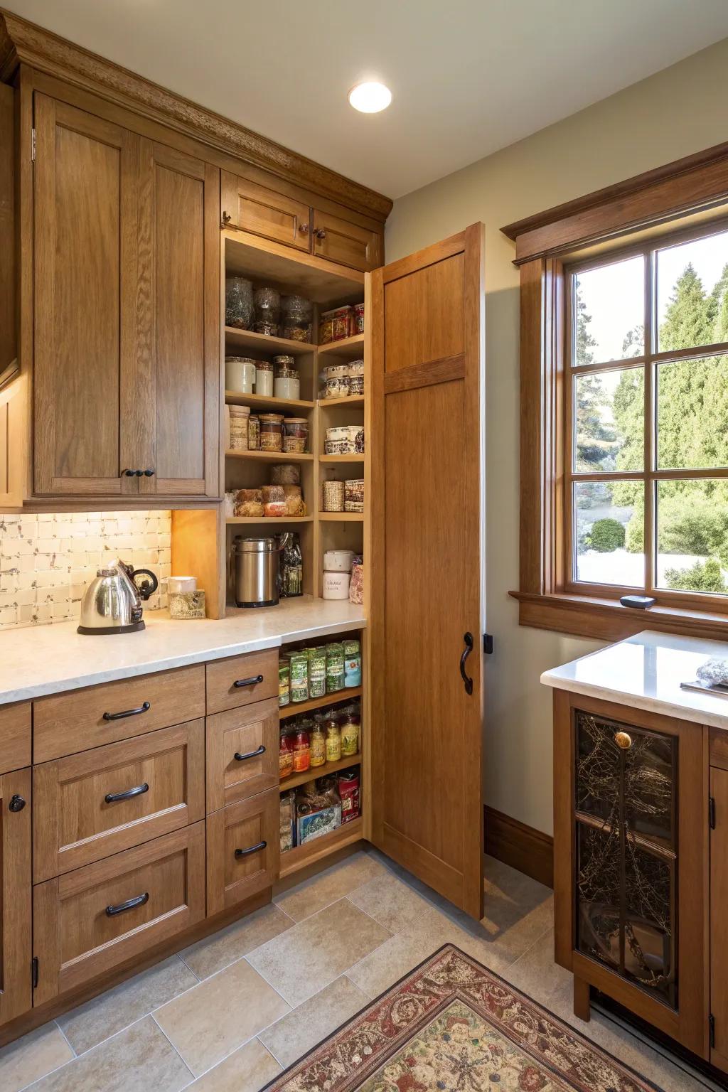 Integrated cabinets functioning as a hidden pantry in a small kitchen.