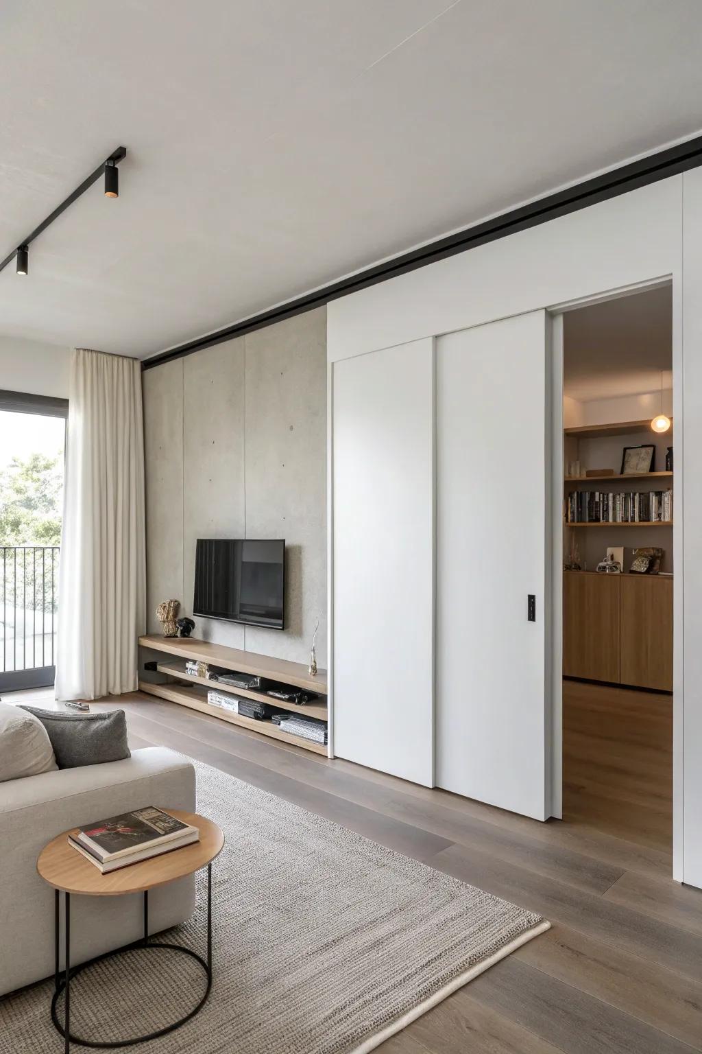 Craft a sleek aesthetic by integrating sliding doors into simple contemporary layouts.