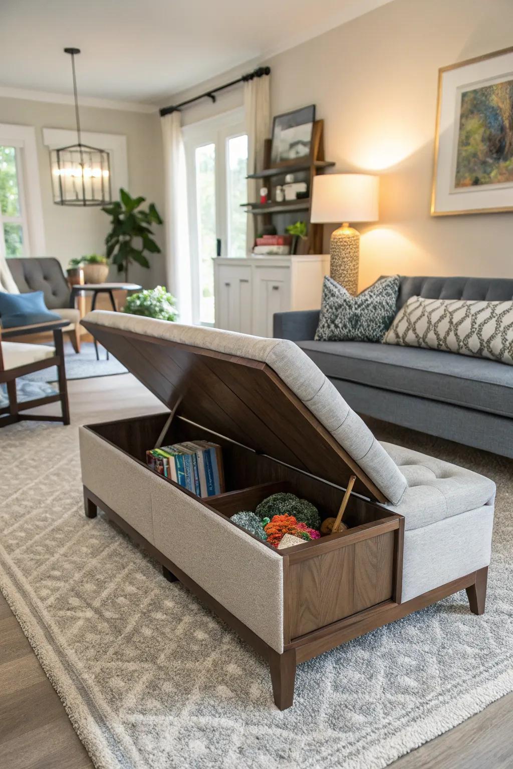 Bench seating which doubles as concealed toy storage.