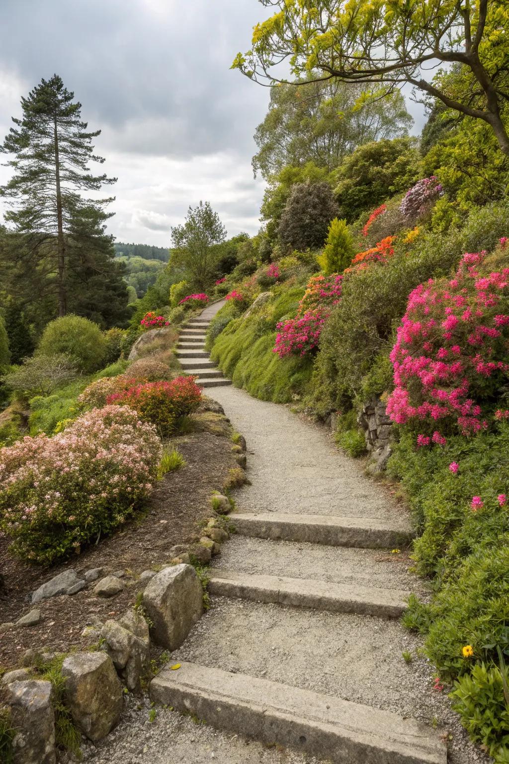 Gravel and stone walkways lend charm and simple access to a sloped yard.