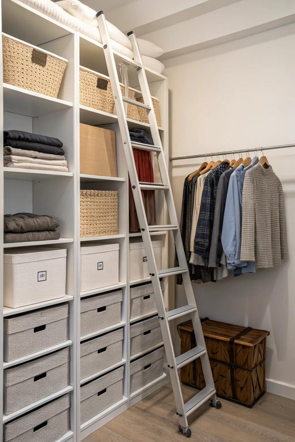Make use of every inch with shelves stacked vertically and a convenient ladder.