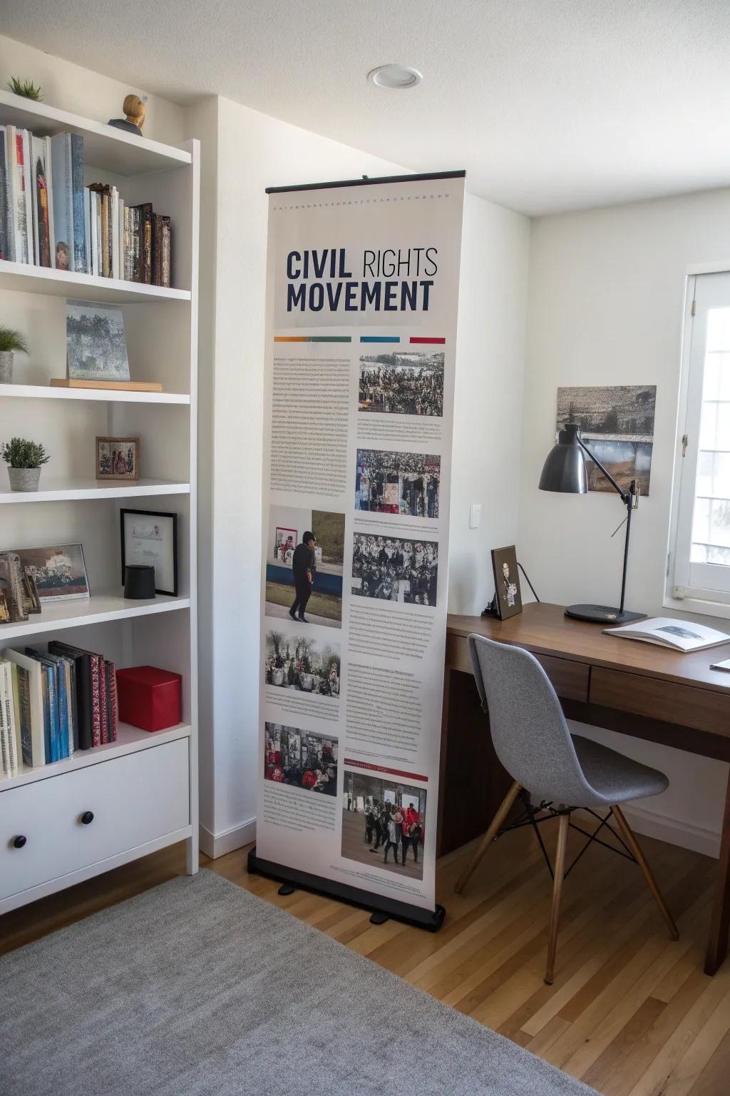 A timeline display board that vividly presents history in a minimalist home office.