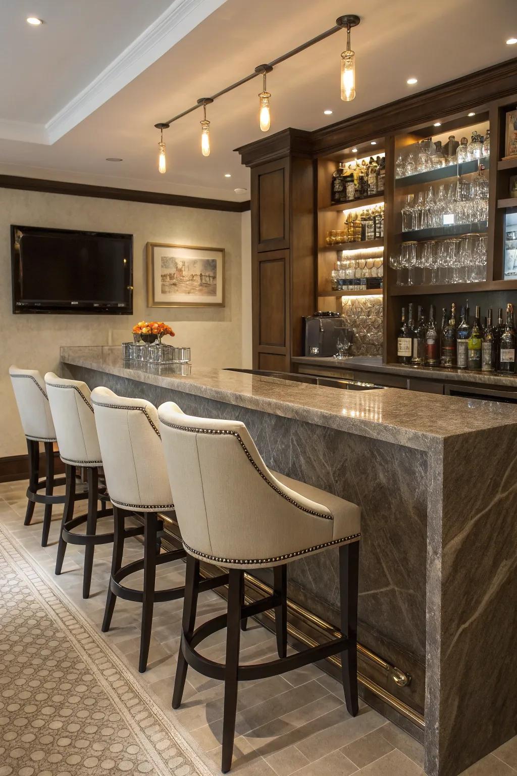 Stone countertops bring sophistication to any bar area.