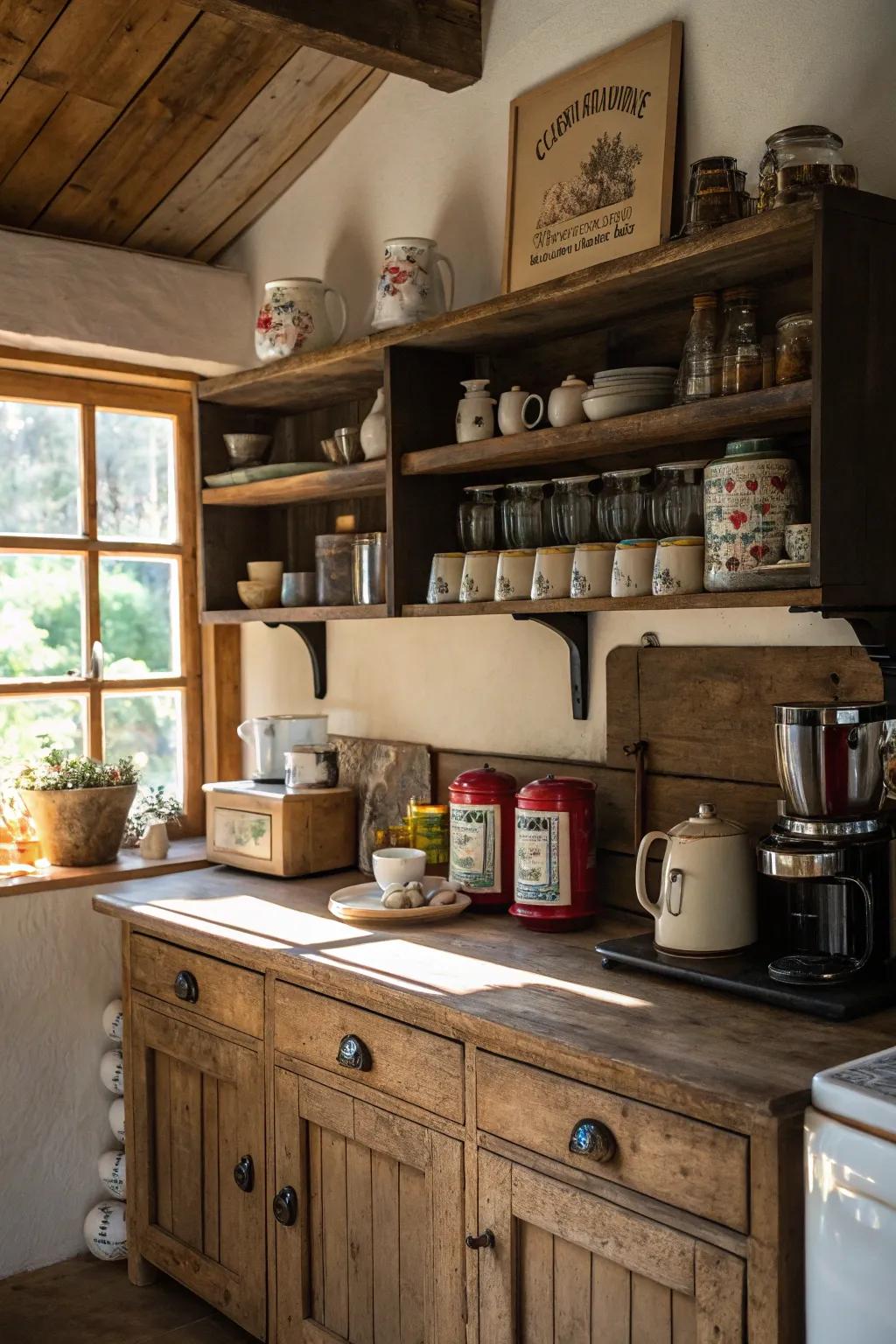 Open shelves provide both storage and style to your coffee station.