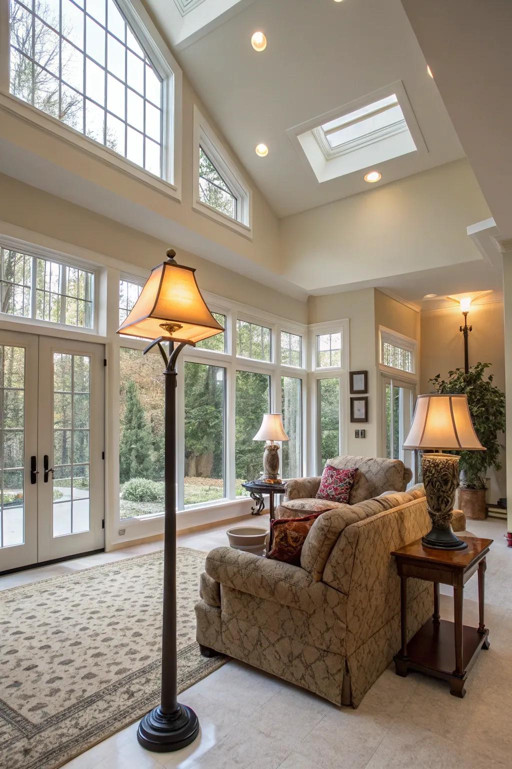 Using multiple light sources enriches open-concept spaces.