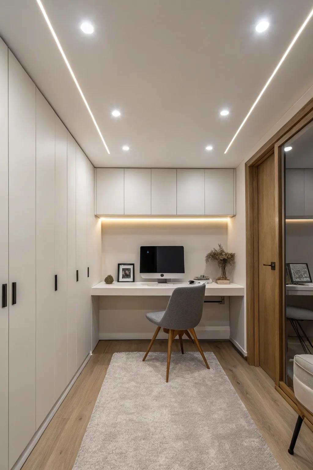 Inset lights provide a sleek, modern option for illuminating home offices.