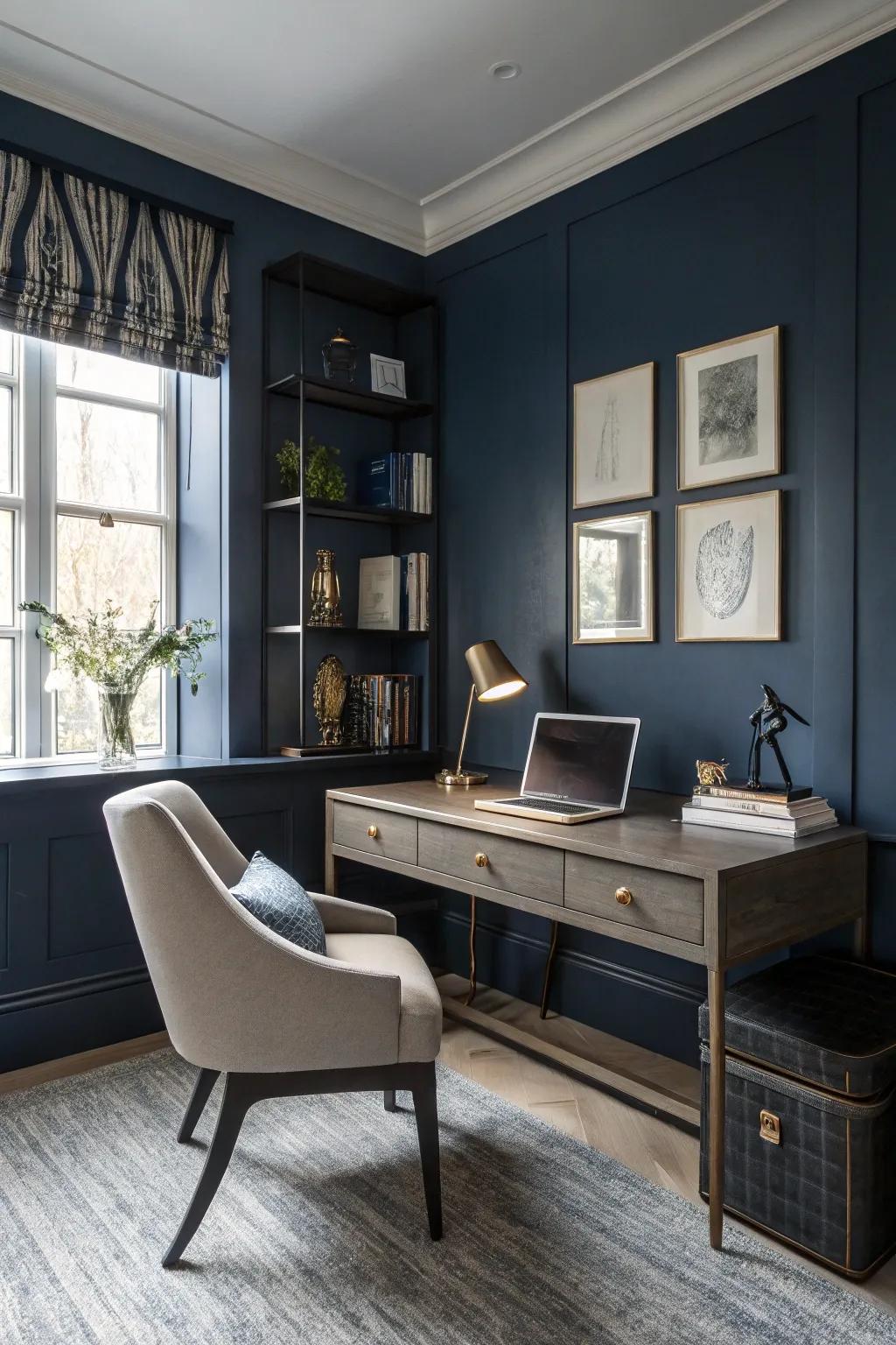 Deep blue walls add depth and sophistication to this home office.