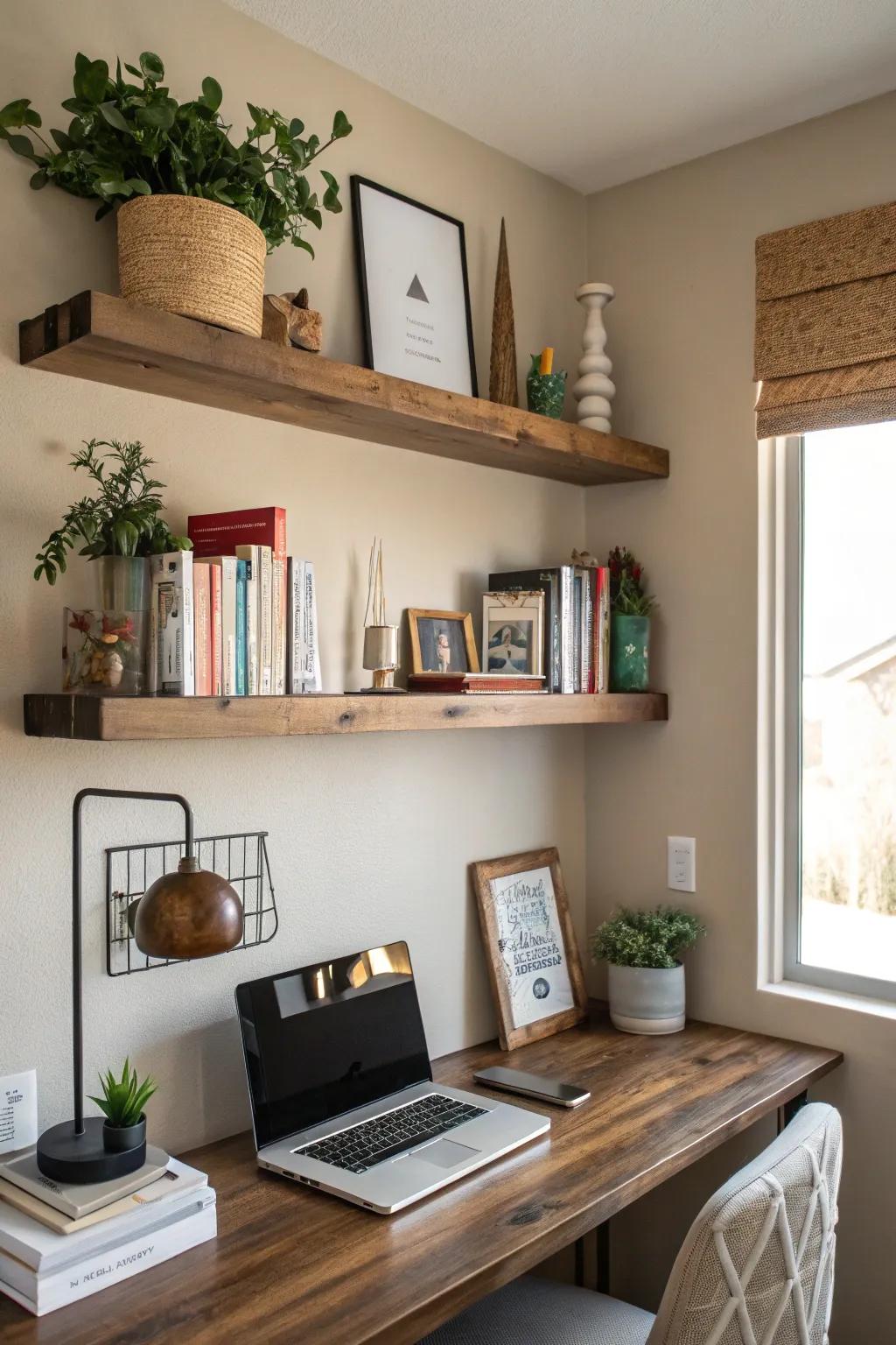 Floating shelves provide storage and style.