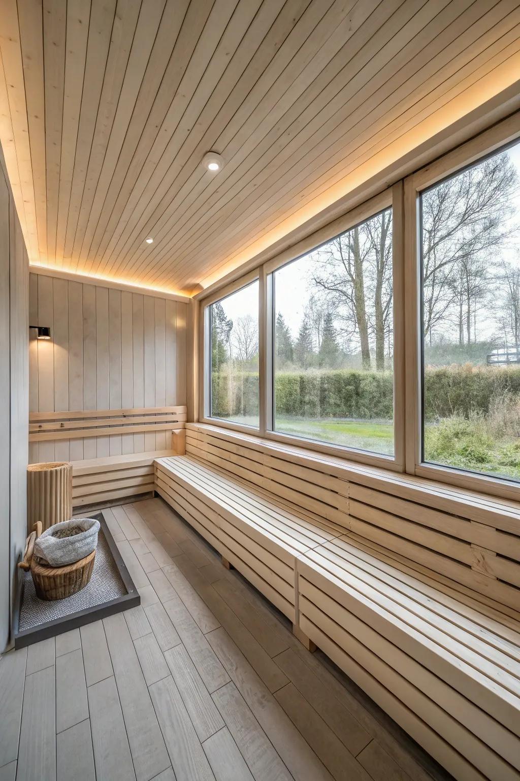 A simple sauna design focused on creating a calming, minimalist space.