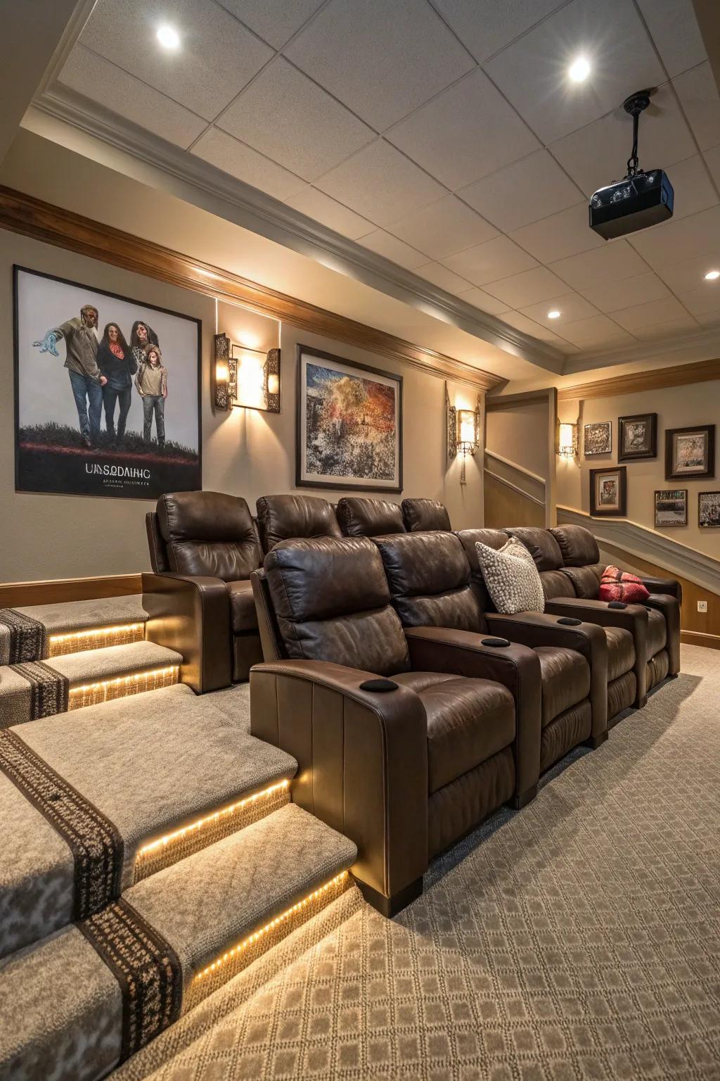 Recliners on platforms provide the ultimate luxurious movie experience.