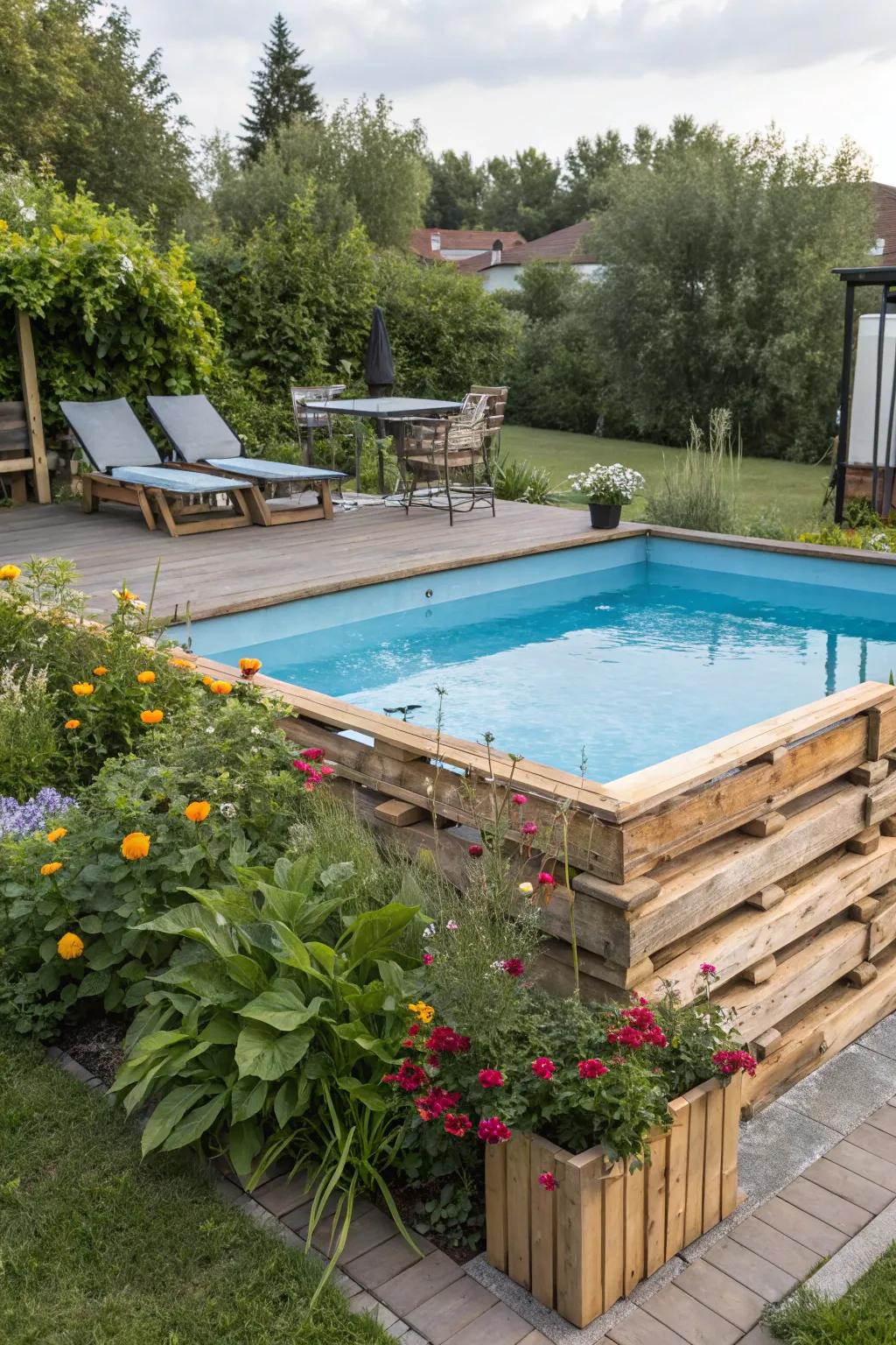 A creative utilization of wooden platforms to frame an above-ground pool.
