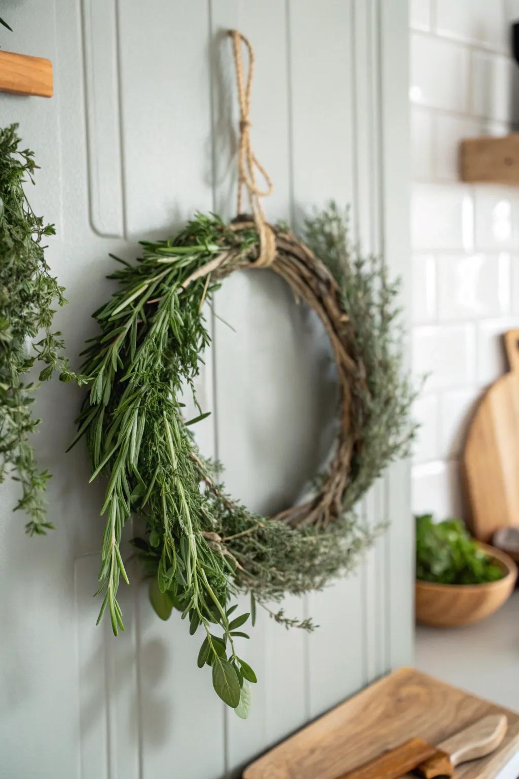 Enhance your kitchen's aesthetic with the fresh beauty and aroma of a plant wreath.