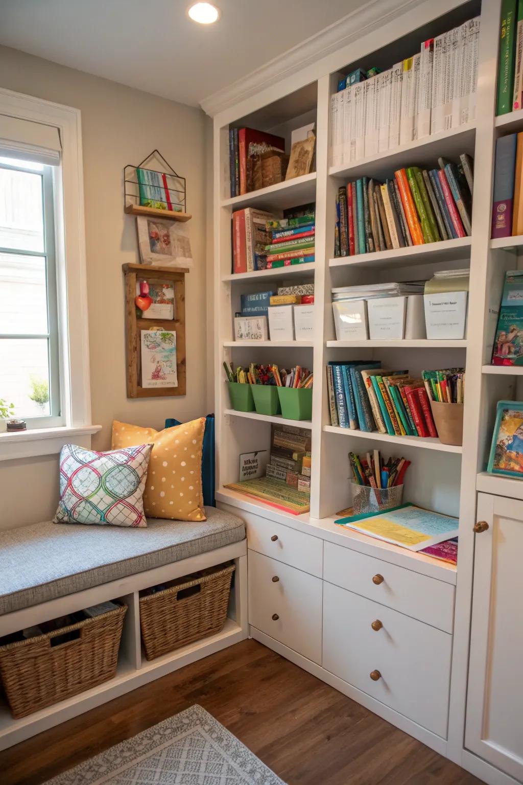 Open shelving offers maximum storage without making your homeschool room feel cramped.