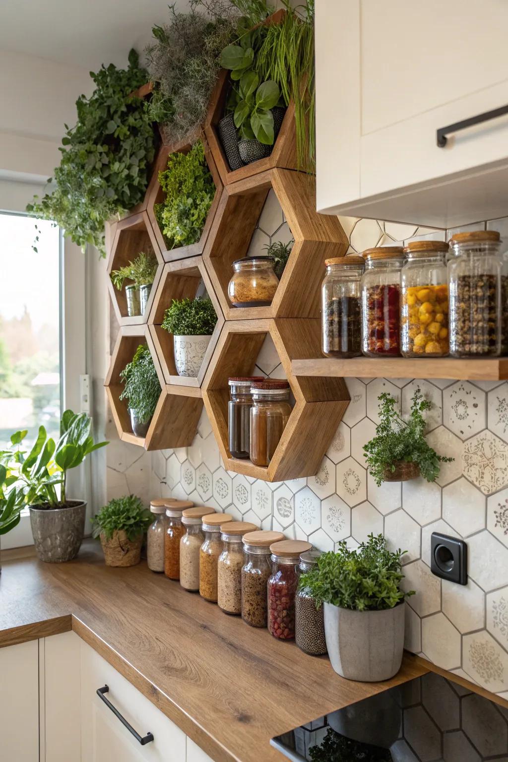 Unite storage and elegance with hexagonal shelving.