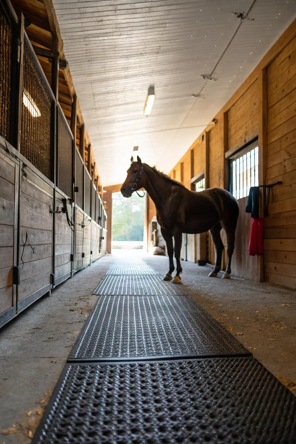 Rubber mats improve comfort and safety, making them excellent for busy barn areas.