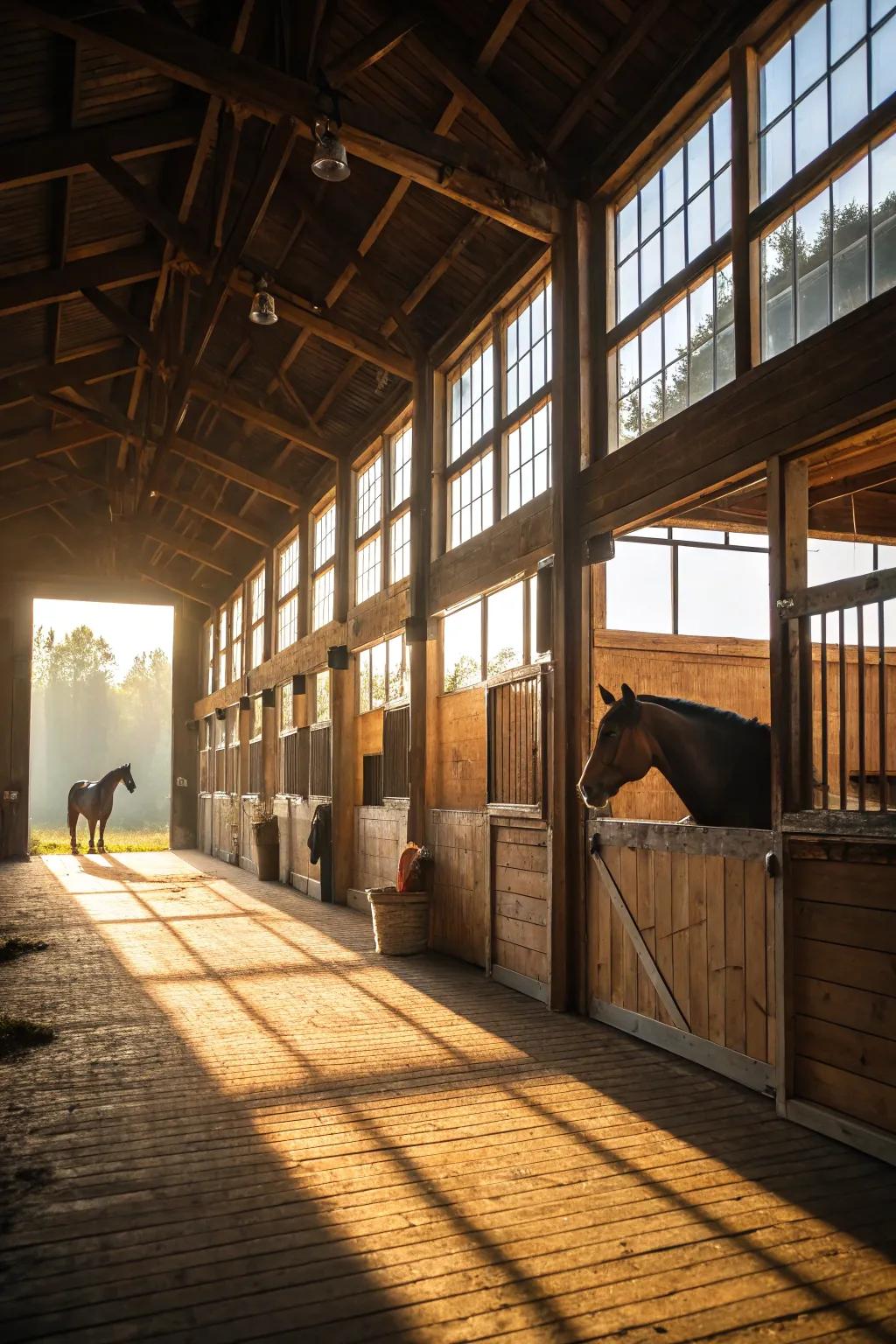Large windows enable sunlight to flood the barn, offering warmth and efficient energy use.