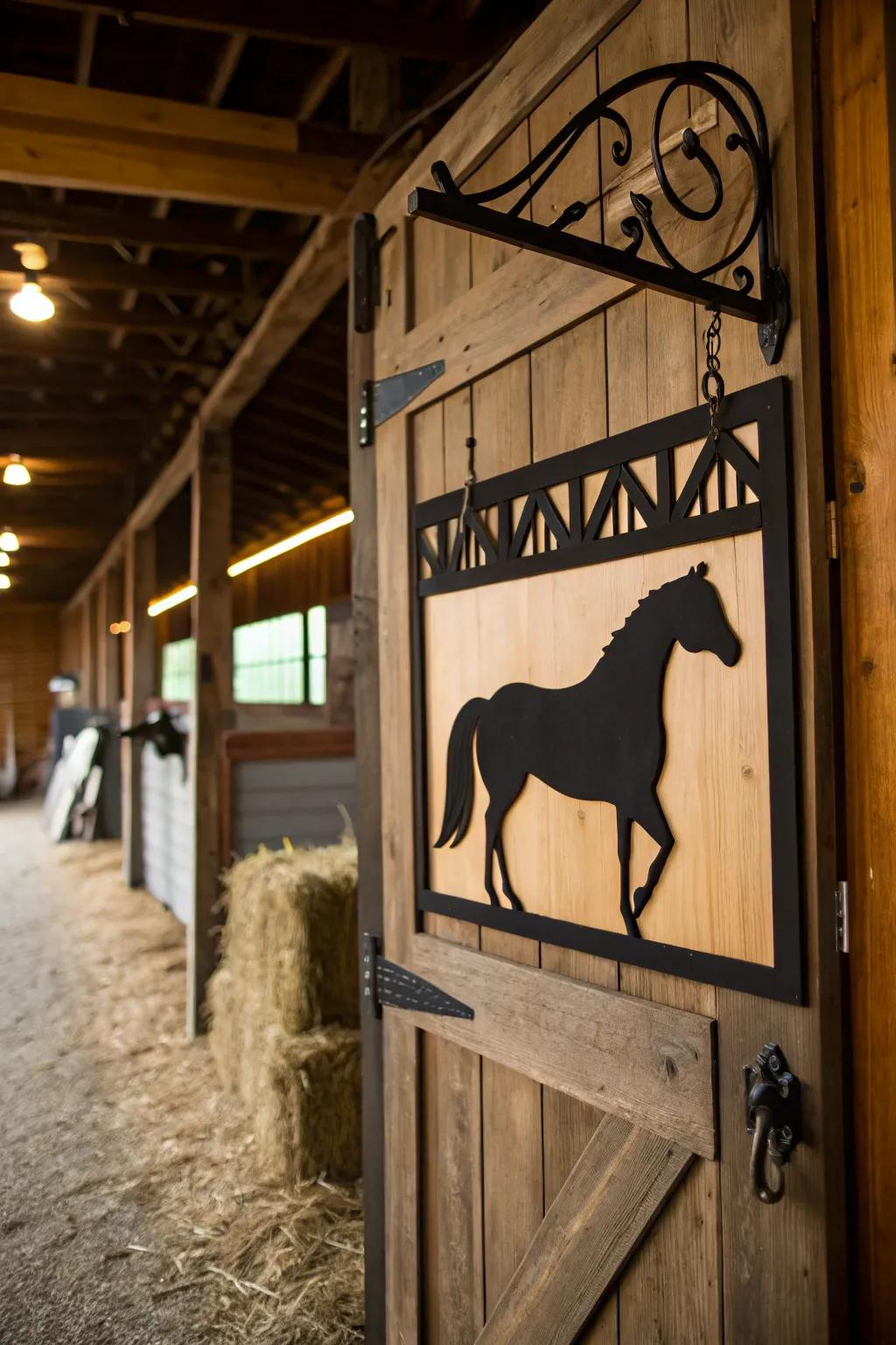 An artistic outline of a horse on a stable marker.