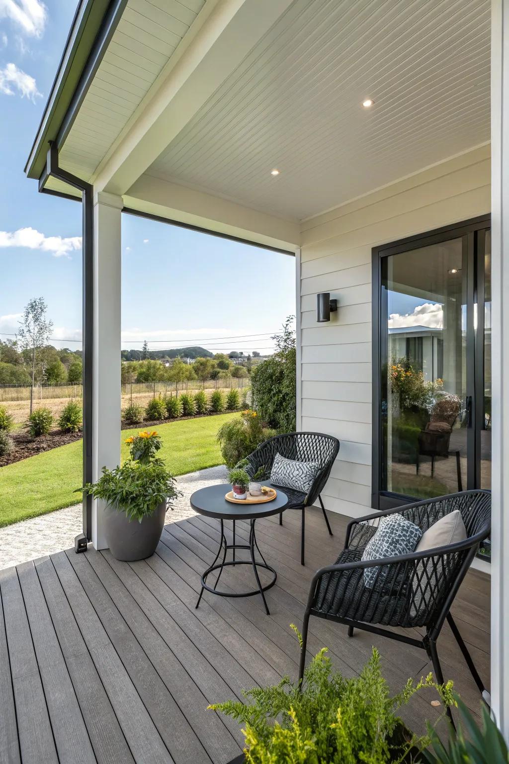 An inviting seating area encourages rest on this modern porch.