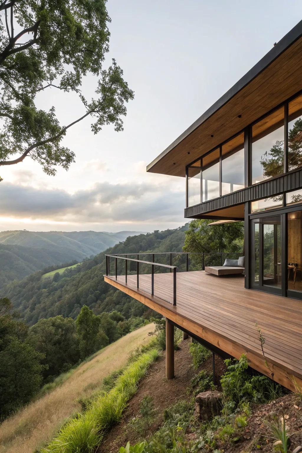 An overhanging design introduces flair and area to hillside living.