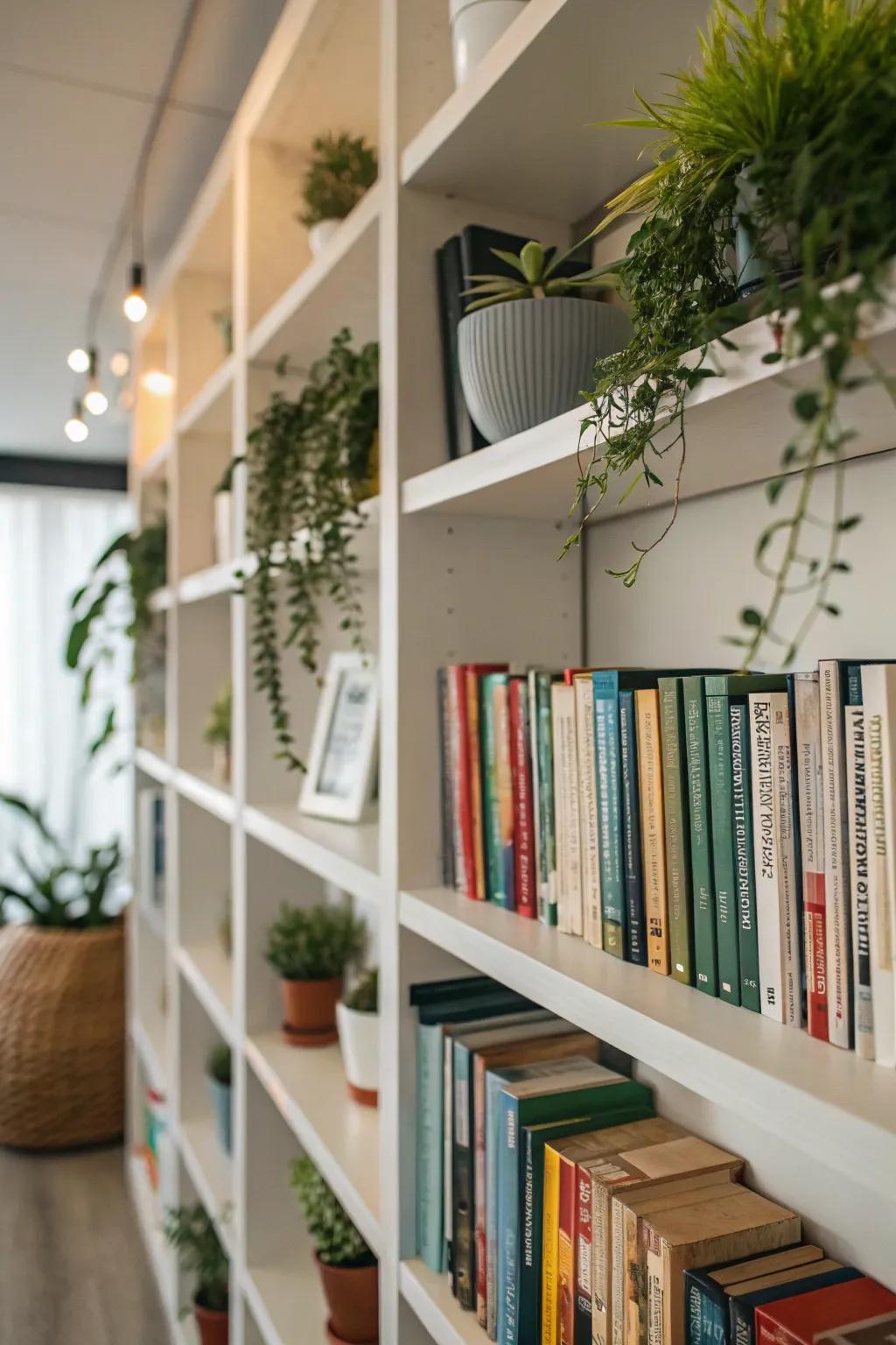 Bookshelf enhanced with small potted greenery.